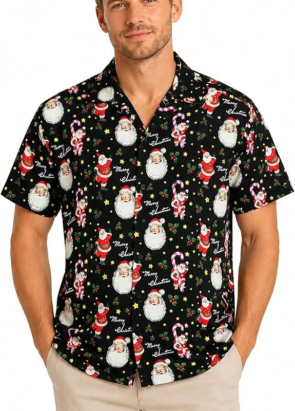 Visita la tienda de King Kameha King Kameha Funky-Camisa-Hawaiana Navidad Hombre Manga-Corta Elegante X-Mas Santa-Claus Muñeco-De-Nieve Unisexo — Ropa Navidad