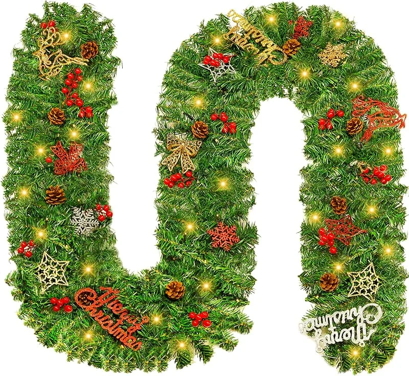 Frasheng Guirnalda de Navidad Verde, 2, 7Metros Guirnalda Decorada, Guirnalda Verde Navidad Artificial, con 30Luces LED y colgante rojo dorado, Abeto Artificial Guirnalda de Ratán, para decoración del hogar — Decoracion Navidad