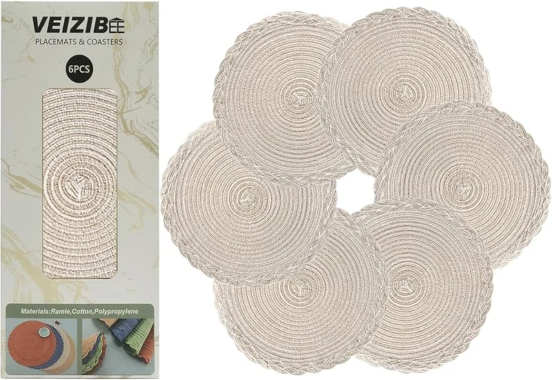 Visita la tienda de VEIZIBEE Manteles Individuales Redondos Trenzados 6 Piezas 30cm (11.8") Blanco Tejidos a Mano de Ramio Lavables Antideslizantes Resistentes al Calor, Decorativos para Mesa de Comedor Cocina Interior Exterior — Hogar y cocina