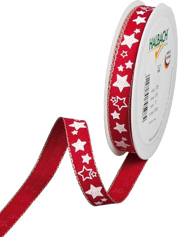 Halbach Seidenbänder Cinta de Navidad de 15 mm x 15 m, cinta de regalo para Navidad, para envolver regalos, cinta con estrellas impresas y bordes de lino, color rojo y blanco — Envoltorio regalo