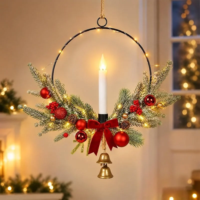ConBlom Coronas de Navidad para puerta de 39 cm con velas LED cónicas — Decoracion Navidad