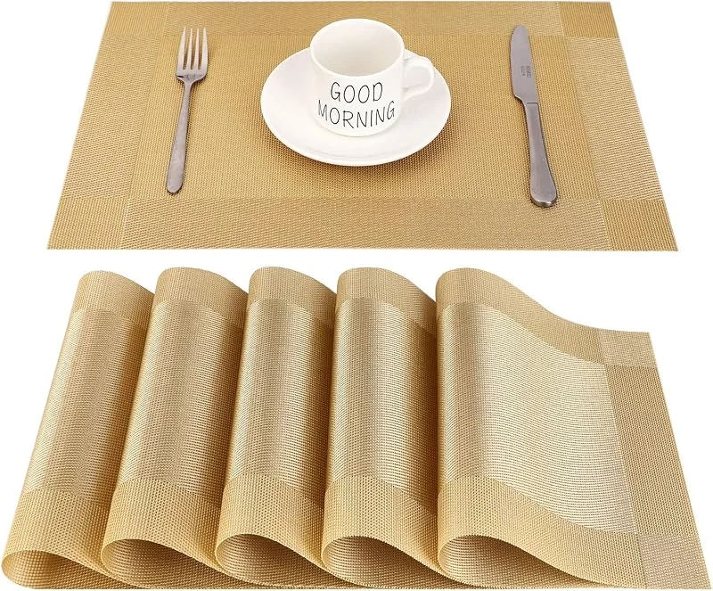 CHAOCHI Manteles Individuales Lavables Salvamantele Individuales PVC Antideslizantes Resistente al Calor Juego de 6 para la Mesa de Comedor de Cocina, Dorado — Hogar y cocina
