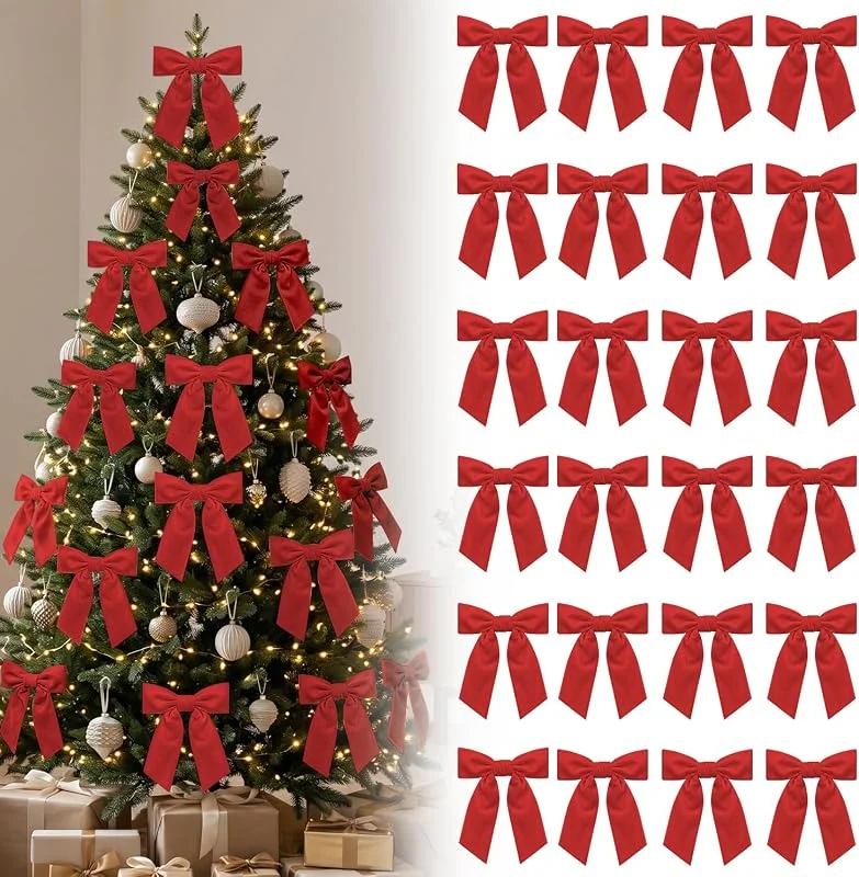 HIVTE Lote de 24 Lazos de Terciopelo Rojo de 12 cm, Lazos Navideños con Alambre para Envolver Regalos, Decoración de Árbol de Navidad, Coronas y Guirnaldas — Envoltorio regalo