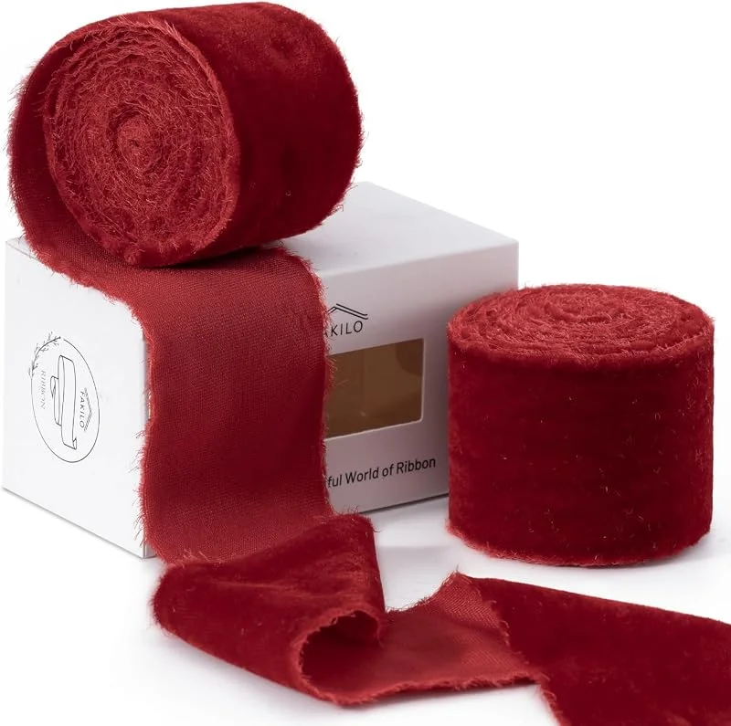 Visita la tienda de FAKILO Cinta de terciopelo rojo de 4 yardas para envolver regalos, cinta de terciopelo de seda deshilachada de 2 pulgadas para ramo de flores, decoración de boda, tarjetas de invitación, manualidades — Envoltorio regalo