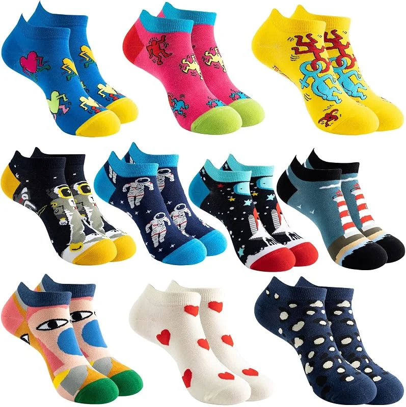 Sunvivid 10 Pares Calcetines Divertidos de Algodón para Mujer Calcetines Vistoso, Calcetines de Corte Bajo con un Patrón, Talla 35-42 — Ropa Navidad