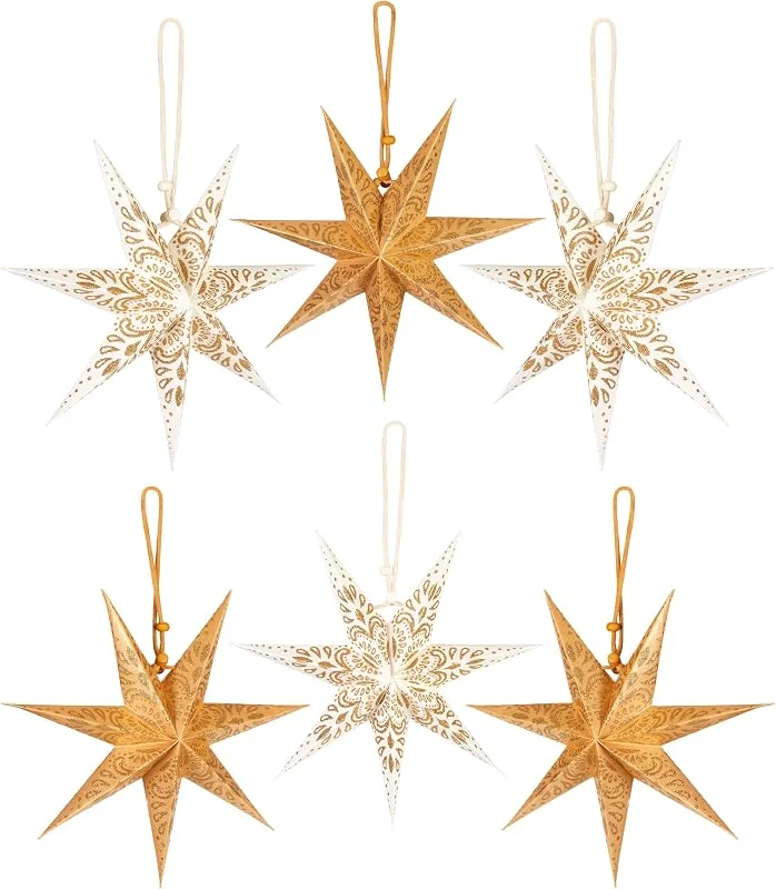 Visita la tienda de BRUBAKER BRUBAKER Juego de 6 estrellas de papel para decoración de Navidad, 20 cm, estrellas plegables doradas y blancas, grandes estrellas de papel, decoración para árbol de Navidad y decoración de ventanas — Decoracion Navidad