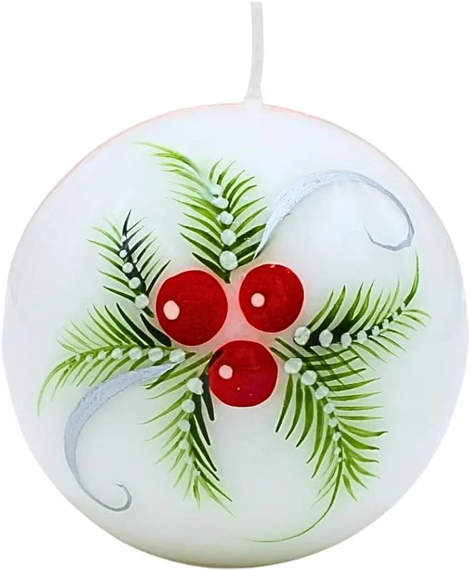 Dekohelden24 Noble vela esférica, vela de mesa, vela decorativa, vela de cera con motivo navideño, vela de Navidad como bola de 10 cm con ramas de abeto y bayas, en blanco, rojo y verde. — Cena a la luz de velas