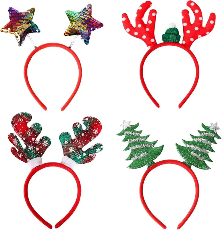 NOCHME Diademas de Navidad para adultos y niños, astas de reno, estrellas, árbol de Navidad, cuadros, paquete de 4 unidades Novetly One Size Deely Boppers, vestido de fiesta de Navidad — Ropa Navidad