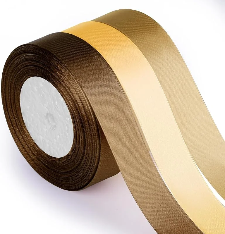 Visita la tienda de ASTARON ASTARON Cinta de satén de oro marrón para ramo de boda, manualidades, 1 pulgada, cinta de tela de color sólido para envolver regalos, lazos de Navidad, lazos para el pelo, cinta de seda — Envoltorio regalo