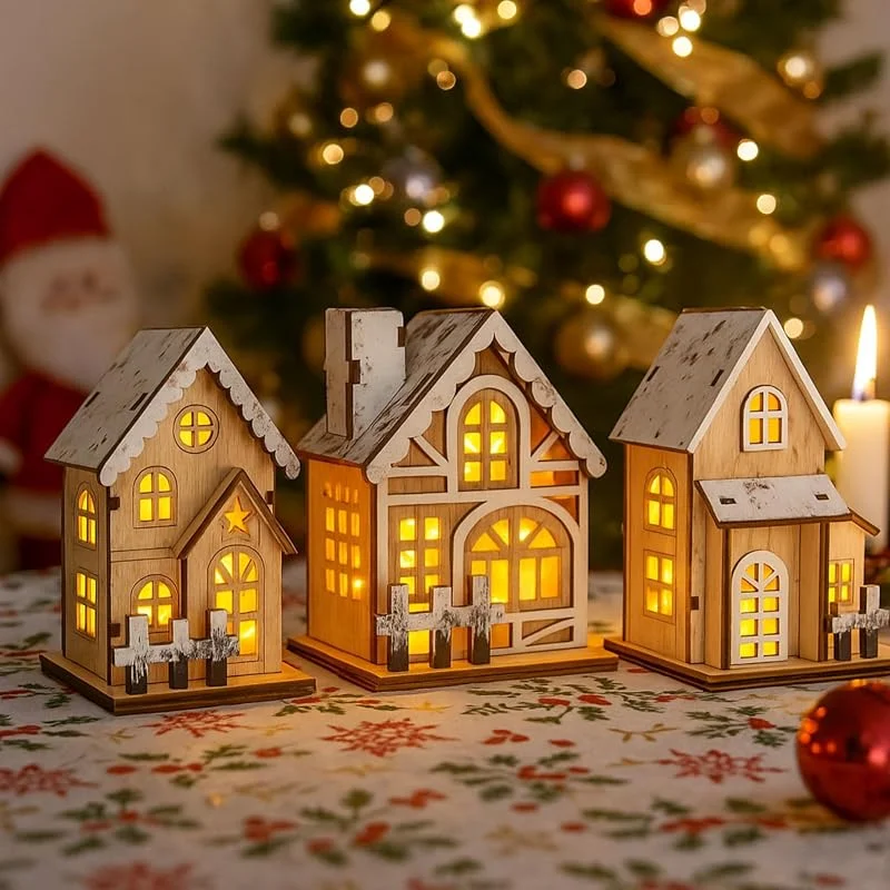 Yarteim 3 unidades de pueblo navideño con iluminación, decoración navideña casas, casas de pueblo de Navidad, casa de Navidad, minicasa de Papá Noel, decoración de madera LED, decoración de Navidad — Decoracion Navidad
