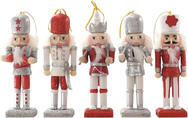 Hileyu 5 Piezas Soldado Cascanueces de Navidad 12cm Soldado Cascanueces de Madera Decoraciones Para Arbol de Navidad Cascanueces Figuras de Cascanueces Adornos navideños cascanueces Brillo rojo y plateado — Decoracion Navidad