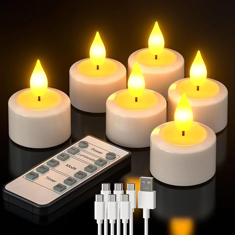 Visita la tienda de PChero PChero Velas de té LED recargables con temporizador y mando a distancia, 6 unidades LED eléctricas sin llama con batería y función de temporizador para Halloween Año Nuevo decoración estacional — Cena a la luz de velas