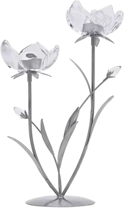 Widdop and Co Widdop & Co. Hestia - Portavelas de 2 tallos - Base de metal plateado de 36 cm de alto con copas de flores de cristal transparente - Elegante diseño floral para decoración del hogar, mantel o centro — Cena a la luz de velas