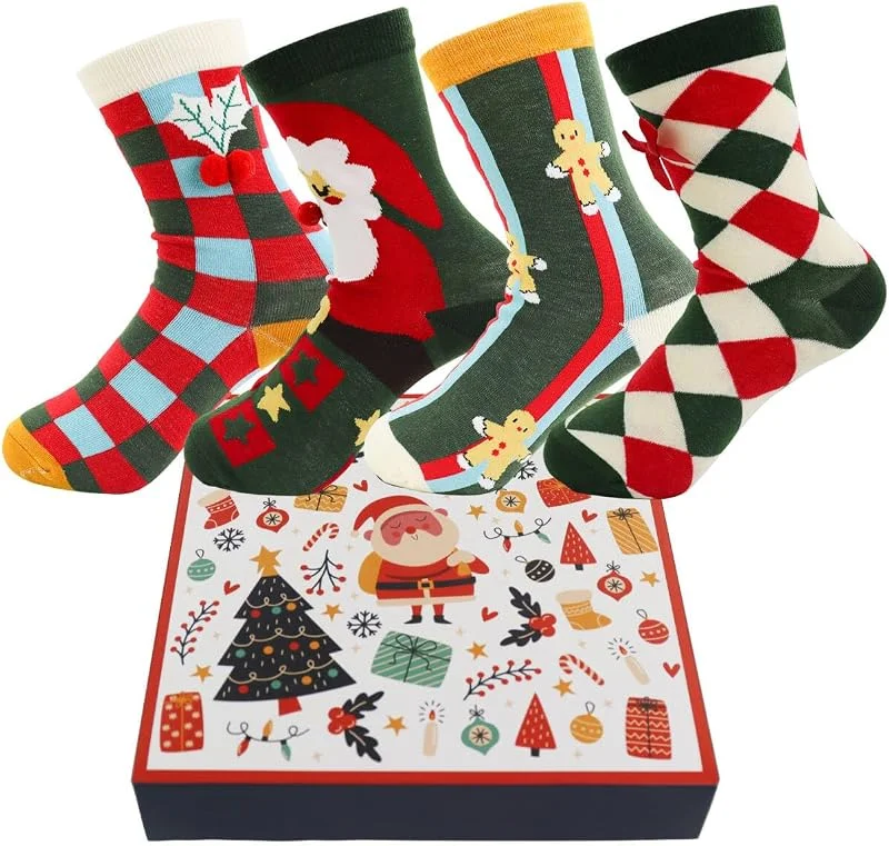 Andiker 4 pares de calcetines navideños para hombre y mujer, coloridos calcetines térmicos con atractivos patrones, calcetines festivos de Navidad con caja de Navidad — Decoracion Navidad