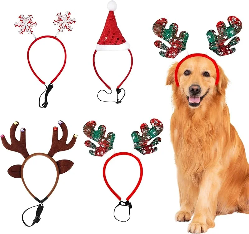 Sporgo Tocado de Navidad para perros: 4 piezas Navidad reno cuernos tocado alce tocado diadema ajustable Navidad mascota diadema accesorios de disfraz de Navidad para perros — Ropa Navidad