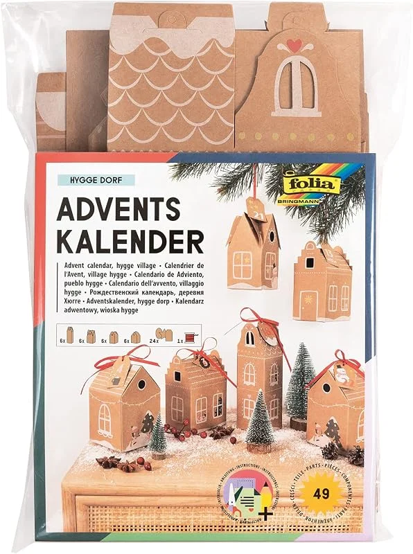 folia 9385 Calendario de Adviento Hygge Pueblo DIY Kit de manualidades Cajas para rellenar, 24 casas, para colgar o colocar, regalo y decoración navideña especial, reutilizable, carbón — Adviento y mesa