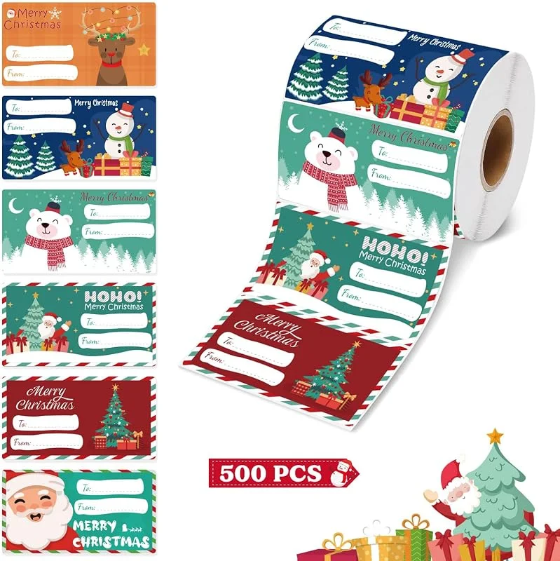 Hudiepan Rollo de Pegatinas Navideñas, 500 Piezas, Rollo, Etiquetas Adhesivas de Navidad, Pegatinas de Navidad para Regalos, Pegatinas para Regalos Navidad, Pegatinas Navideñas para Fiestas Navideñas — Envoltorio regalo