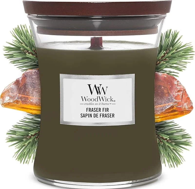 Visita la tienda de Woodwick WoodWick Vela perfumada hourglass mediana, Fraser Fir, con mecha crepitante, Tiempo de combustión: hasta 60 horas — Cena a la luz de velas