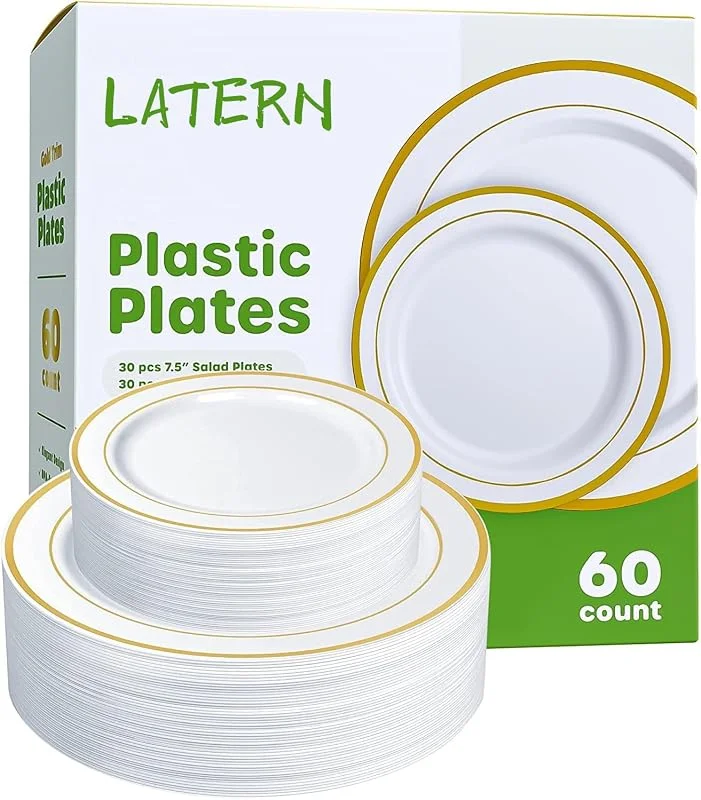 LATERN 60 Piezas Vajilla de Plástico Dorado Reutilizable, 30 Platos Llanos de 26cm + 30 Platos de Ensalada de 19cm, Platos de Plástico Reutilizables para Boda Aniversario Jardín Postre Fiesta — Adviento y mesa