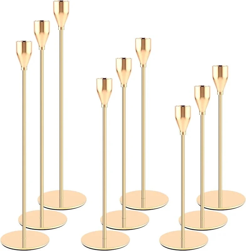 YUTUY Candelabros de Metal, Candelabro Dorado Juego de 9 Candelabro Decorativos de Velas, 24, 29, 33cm, Vintage Cónicas Portavelas de Metal Alto, para Decoración del Hogar, Bodas, Cenas, Navidad (Oro) — Cena a la luz de velas