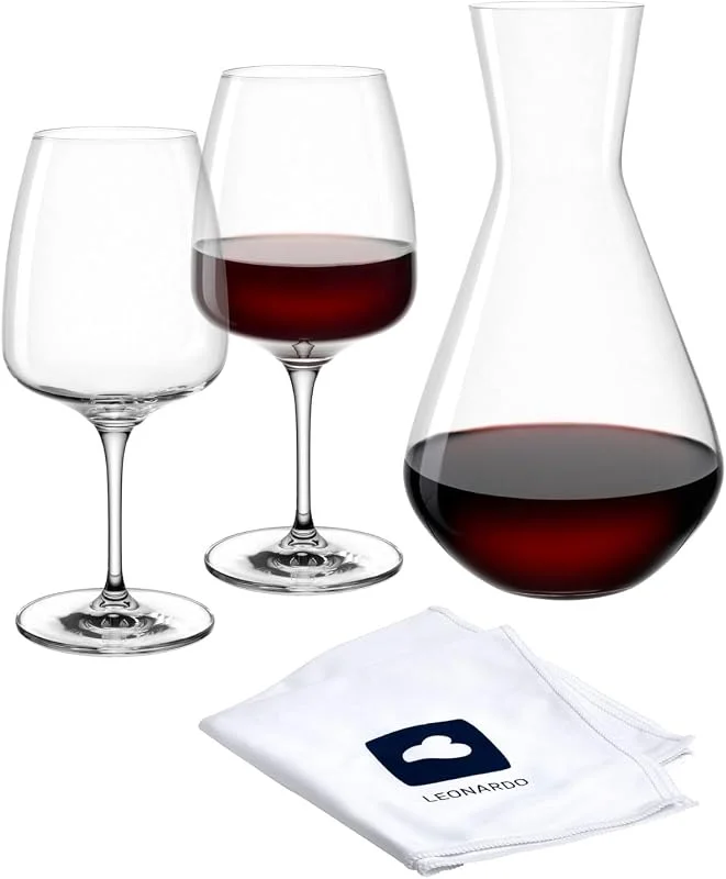 LEONARDO HOME Set de vino CESTI (juego de 3) con paño de pulido, juego de vino apto para lavavajillas, resistente a los golpes, copas de vino de estilo bajo (500 ml), jarra de cristal de alta calidad — Vino y mesa festiva