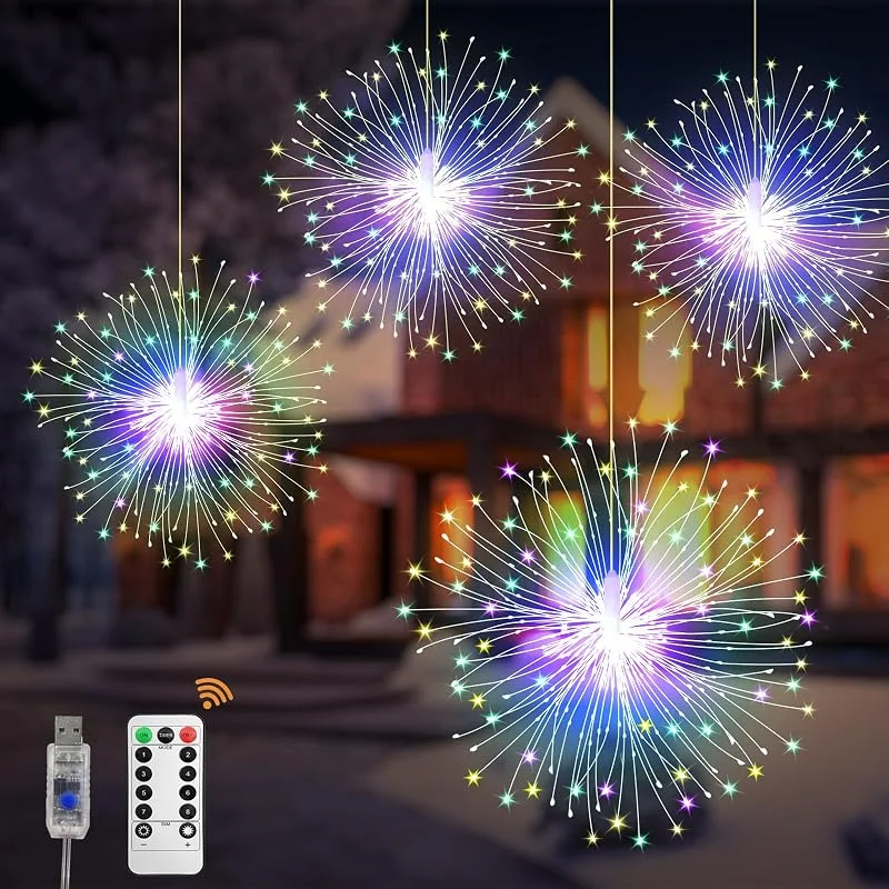 CNMTCCO Luces navideñas, paquete de 4 luces colgantes USB con efecto de fuegos artificiales, 480 piezas LED 8 modos, ladecuadas para la decoración navideña exterior (4 luces de colores) — Luces Navidad