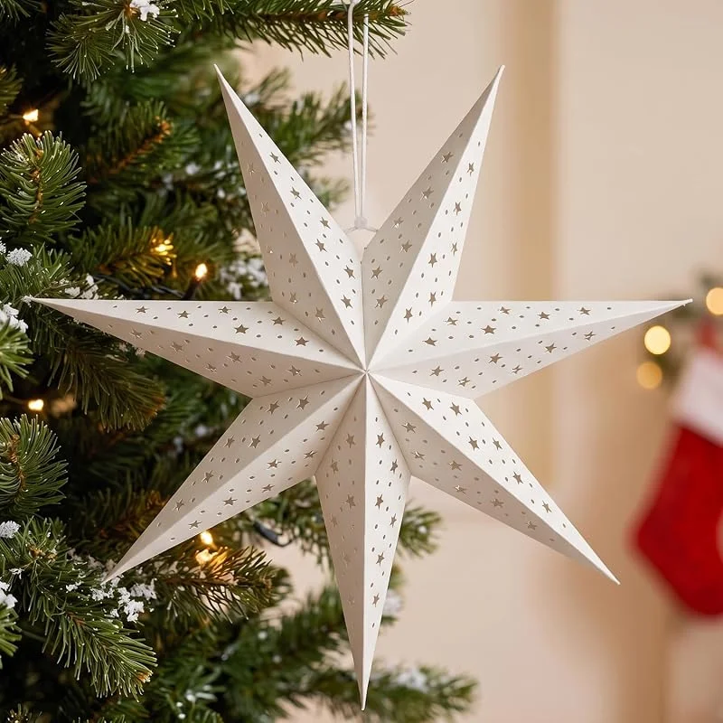 Capaneus Estrella de papel para colgar, 60 cm, estrellas plegables para Navidad, pantalla de lámpara, estrella de papel para decoración de ventanas, decoración de Navidad, color blanco — Decoracion Navidad