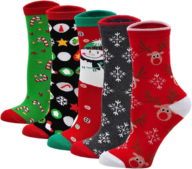 Visita la tienda de LOFIR LOFIR Calcetines de Navidad para Mujeres Divertidos para Fiesta, con Dibujos de Monigote de Nieve y Papá Noel, Talla 35-41, 5 Pares — Decoracion Navidad