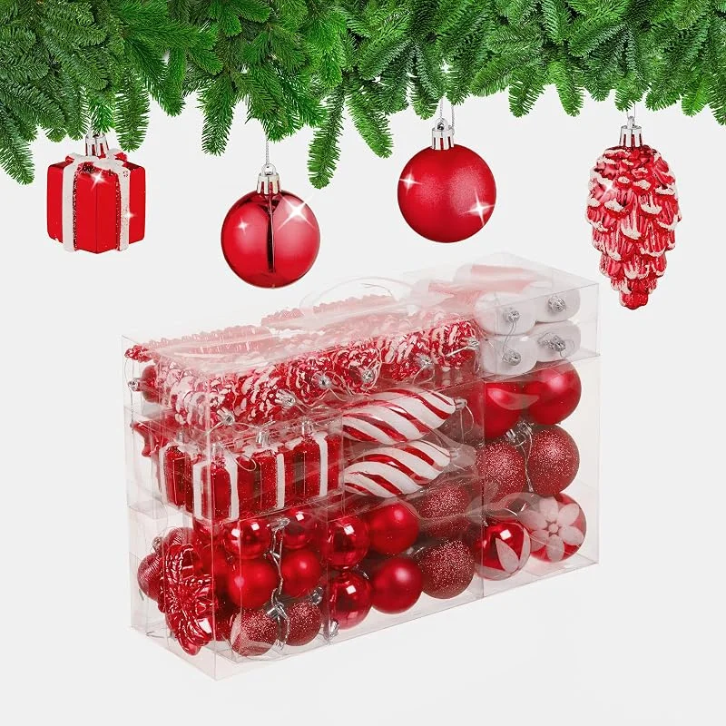Visita la tienda de Relaxdays Relaxdays Set 72 Bolas Árbol Navidad, Bolitas Navideñas Brillantes, con Purpurina y Mate, Botas, Corazón, Piñas, Rojo — Decoracion Navidad