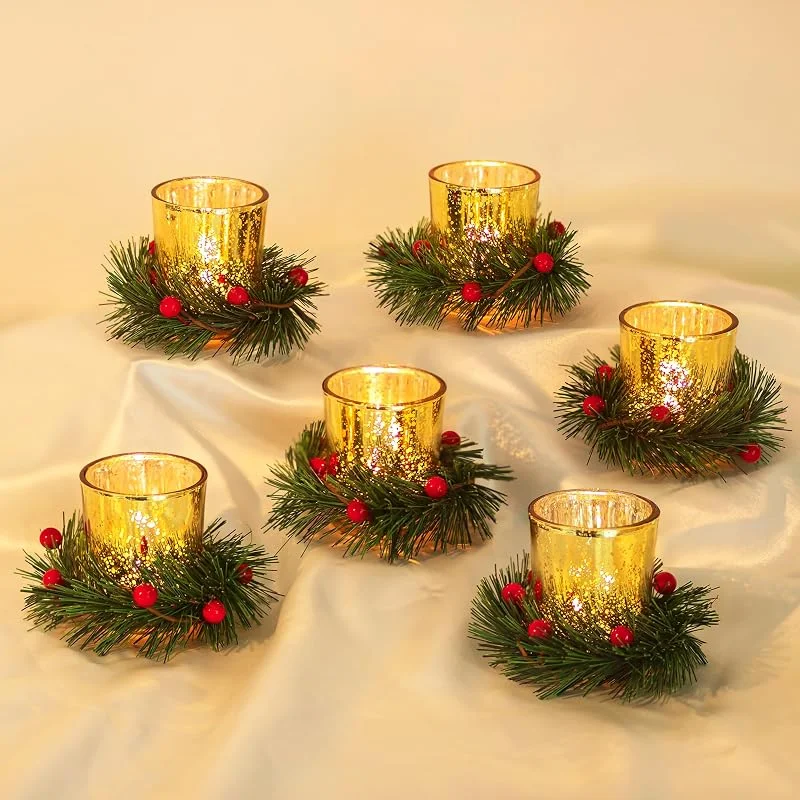 Hewory Portacandelitas de Navidad portavelas de Navidad decoración de mesa: Hewory 6 piezas decoración de mesa de Navidad vasos portacandelitas con corona de Adviento artificial bayas rojas anillo de la vela — Adviento y mesa