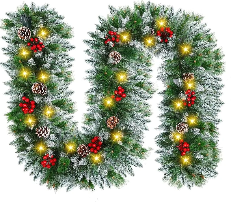 NUZEKY Guirnalda navideña con iluminación de 30 LED - 2, 7M de guirnalda de abeto con iluminación, esferas florales - decoración navideña de ratán, guirnalda para Navidad para escalera, interior y exterior — Decoracion Navidad