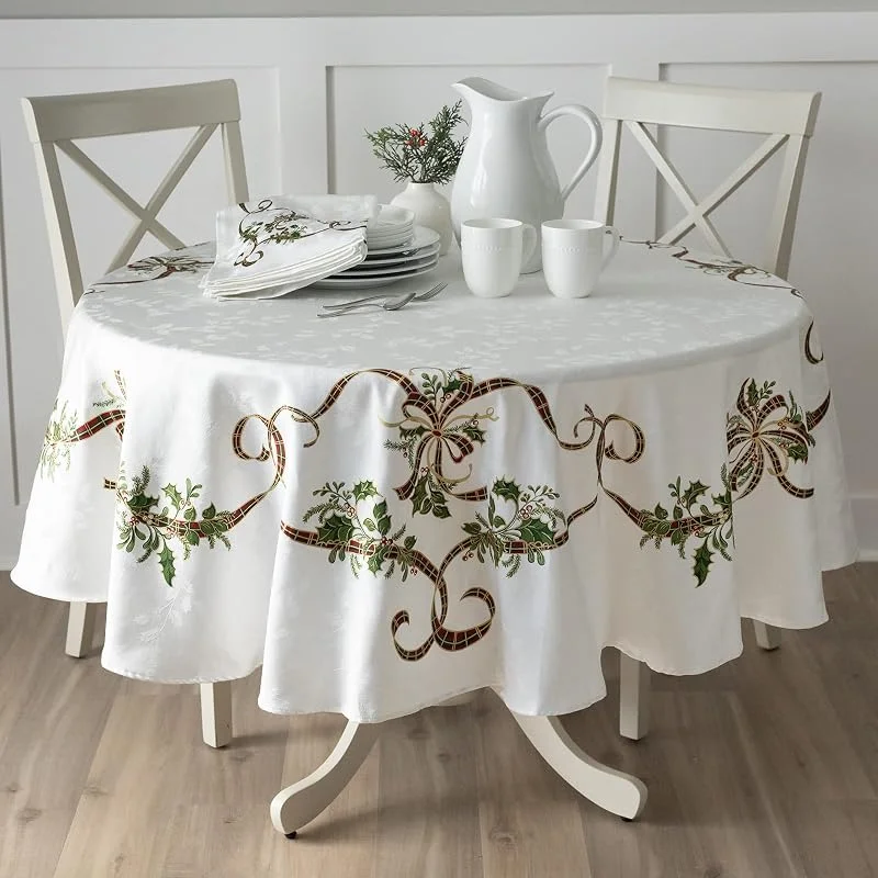 Benson Mills Merry Ribbons - Mantel de Navidad de Tela Jacquard Estampada, Elegante Mantel de Navidad para Todas Las Vacaciones e Invierno (Redondo de 70 Pulgadas) — Hogar y cocina