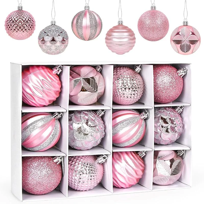 Aurasky Bolas de Navidad Rosa 6CM, 12 PCS Bolas para Arbol de Navidad, Adornos para Árboles de Navidad Plástico, Regalos de Colgantes de Navidad, Decoración para Fiesta y Festival — Decoracion Navidad
