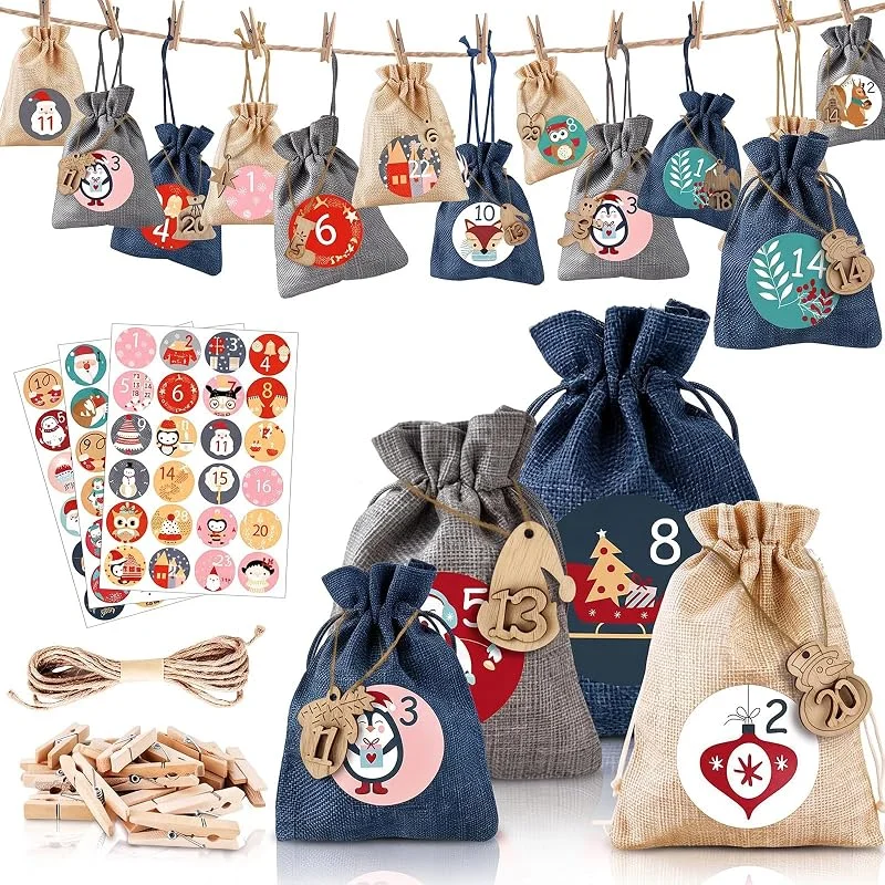 CNMTCCO Bolsas rellenables para calendario de adviento, 24 calendarios navideños colgantes para armar, 3 tamaños de bolsas reutilizables para regalos pequeños y grandes — Adviento y mesa