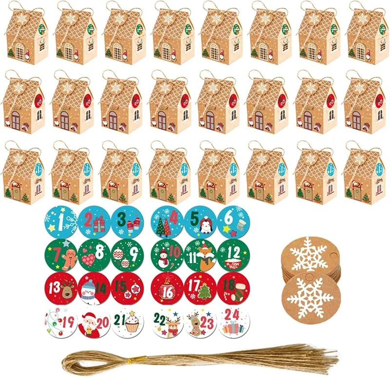 LBQUTN 24 Calendario de Adviento para Rellenar, Cajitas Regalo Pequeñas de Cartón Kraft con 24 Pegatinas de Números, Cajas de Regalo Navidad para Dulces, Galletas y Chocolates, 7x5x10.5cm — Envoltorio regalo