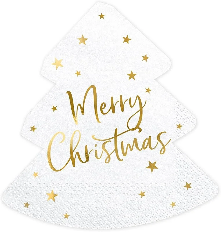 PartyDeco 20 Servilletas de Papel Árbol de Navidad "Merry Christmas" Blancas y Doradas 16, 5 cm Decorativas — Adviento y mesa
