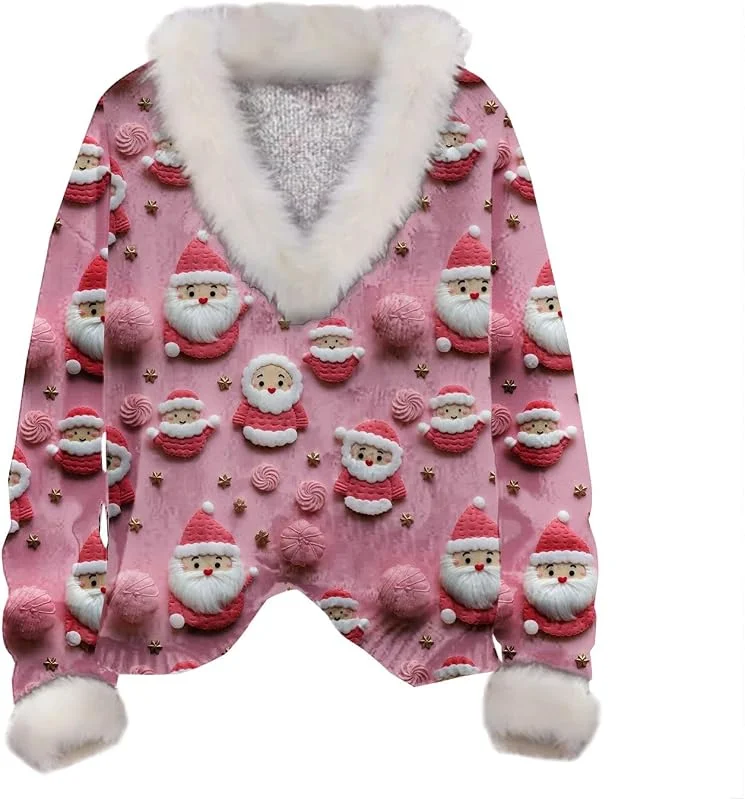 Generic HUIFUAO Sudaderas de Navidad para mujer, suéter de Navidad para mujer, estampado de Papá Noel, cuello de felpa, manga larga, suéter de Navidad para mujer — Ropa Navidad