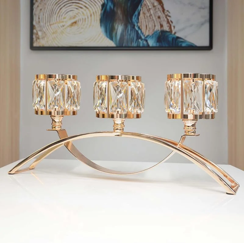kolnlala Soporte para Velas votivas de candelabro de Cristal de 3 Brazos, portavelas de Boda, centros de Mesa para mesas, candelabros de Cristal, decoración de Mesa (Dorado) — Cena a la luz de velas