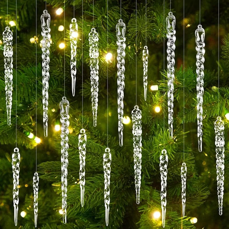 ZoZoMaiy 24 Piezas Carámbanos de Acrílico para Árbol de Navidad, 13cm Colgantes de Árbol de Navidad Icicles con 30M Crystal Line, Transparente Adornos Arbol de Navidad para Interior y Exterior — Decoracion Navidad
