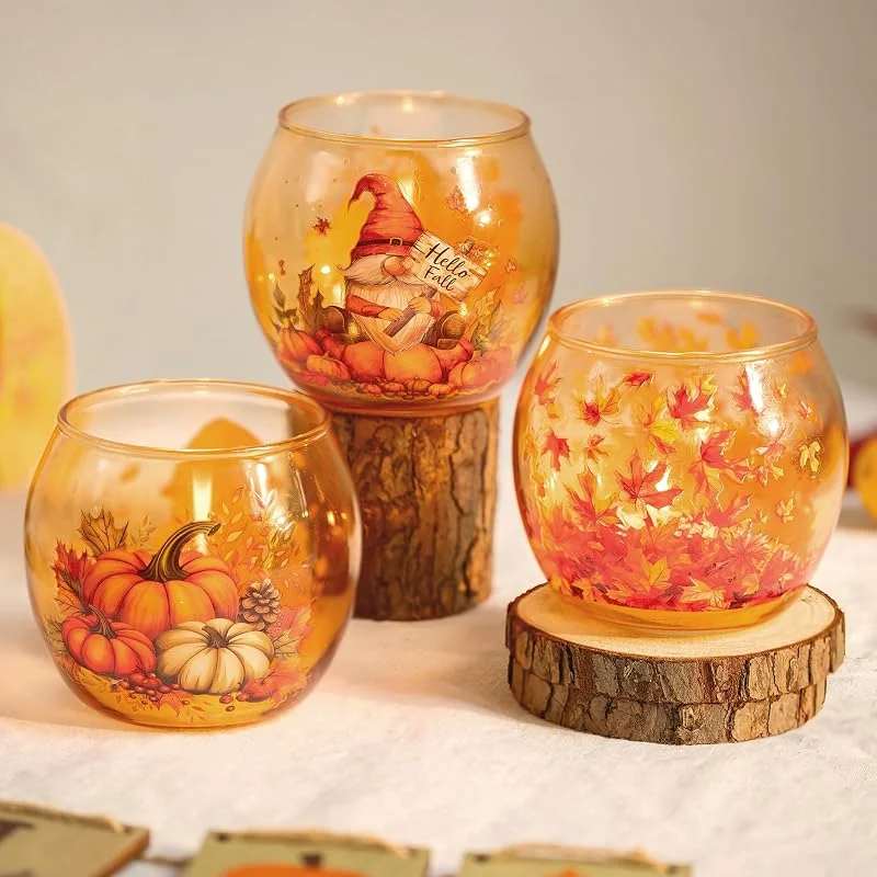 Hewory Juego de 3 portavelas de cristal para decoración otoñal (calabaza — Cena a la luz de velas