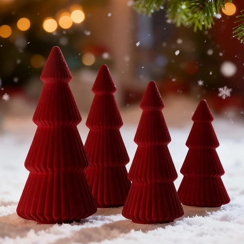 Lanpn 4 Pzas Mini Figura de Árbol Navidad, Pequeño Arbol de Flocado Decoración, Adorno Estatua Árbol Navideña para Centro de Mesa Hogar Chimenea Ventana Escritorio Vacaciones, 15, 20, 25 cm, Rojo — Decoracion Navidad
