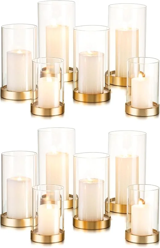 Hewory Portavelas de Cristal: 12pcs Portavelas de Vidrio Hurricane Cilindro de Vidrio para Velas Grande Decoración Dorada Salón para Mesa Decoración Mesa Comedor (Cristal Claro) — Cena a la luz de velas