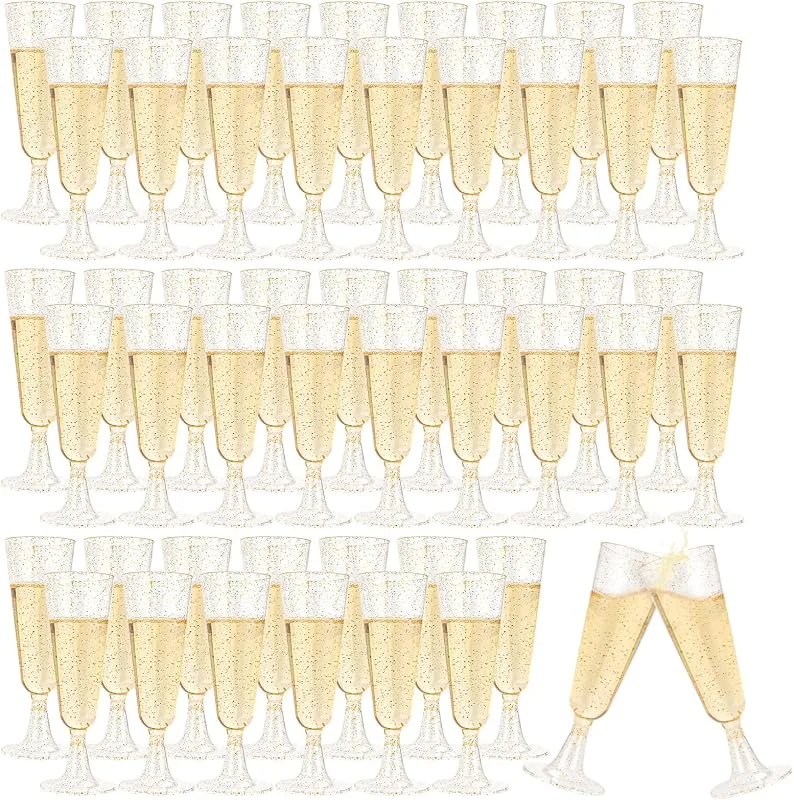 AKOLAFE 50 Piezas Copas Plástico Duro, Copas de Plástico para Champan 150 ml, Flautas con Purpurina Dorada y Base Desmontable para Cava, Bodas y Fiestas — Vino y mesa festiva