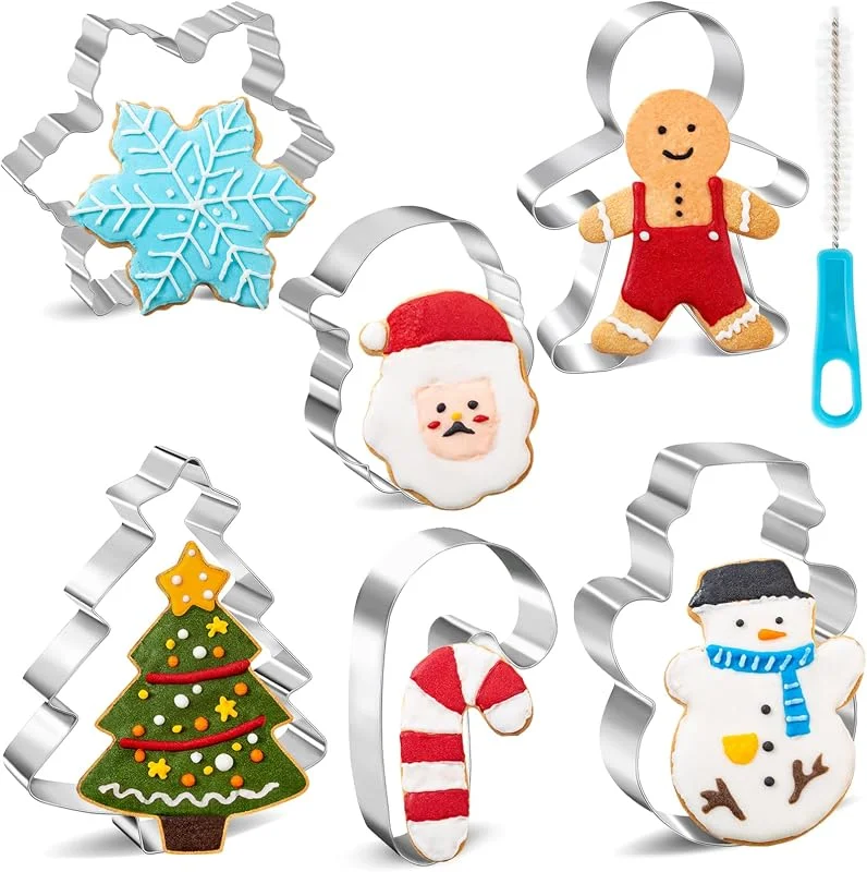 Nifogo Moldes Galletas Navidad 7 Piezas, Nifogo Moldes Galletas Acero Inoxidable - Papá Noel, árbol de Navidad, Hombre de Jengibre, Copo de Nieve, Muñeco de Nieve, Bastón de Caramelo y 1 Cepillo de Limpieza — Hogar y cocina