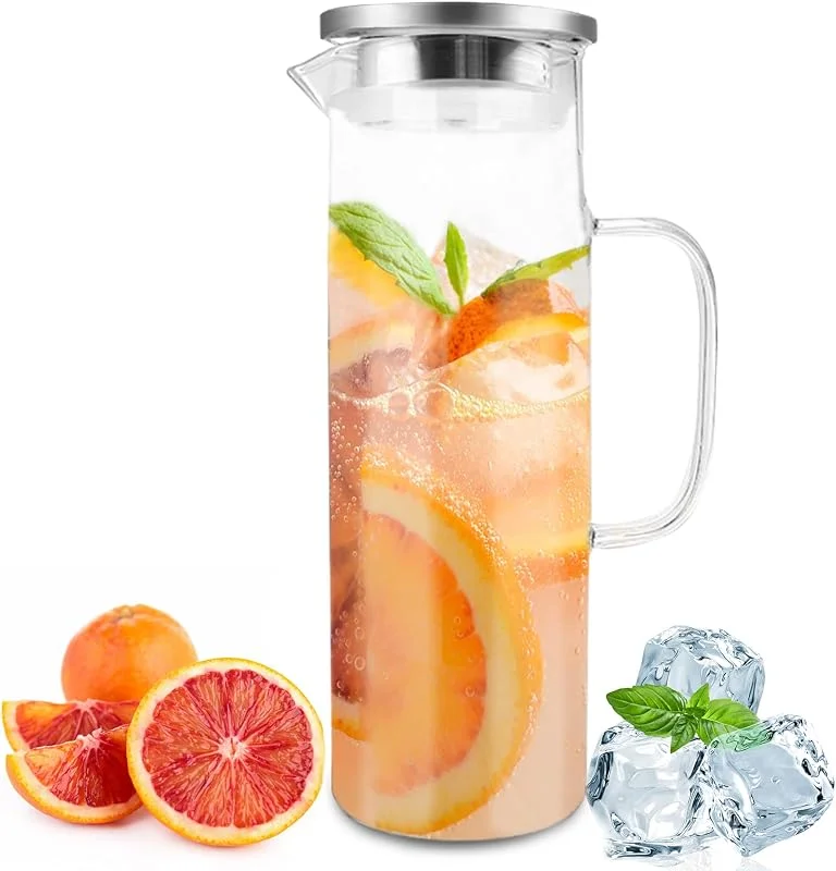 Nutabevr Jarra de Agua de Cristal 1, 5 Litros, Transparente y resistente al calor Botella y Tapa de Acero inoxidable, La jarra es para Leche y café, Jugo Caliente, frío, té o agua tibia — Vino y mesa festiva