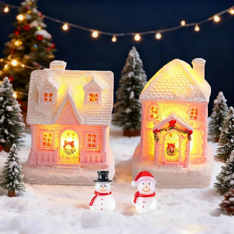 SPERMUOY Casa de pueblo navideño con iluminación, 2 unidades de casas de Navidad con muñeco de nieve, decoración de Navidad, casa en miniatura, pueblo de Navidad, iluminación navideña — Decoracion Navidad