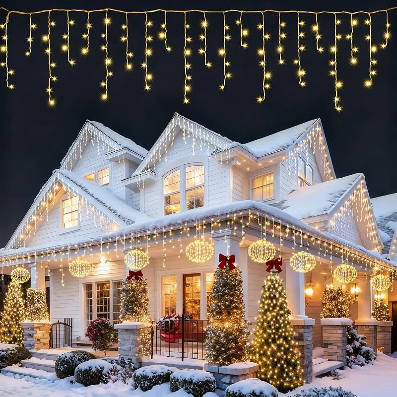 Visita la tienda de AGOTD AGOTD Cadena de luces de carámbanos de hielo para exteriores con corriente, 400 luces LED, iluminación navideña para exteriores con temporizador, 8 modos, función de memoria para Navidad, dormitorio — Luces Navidad