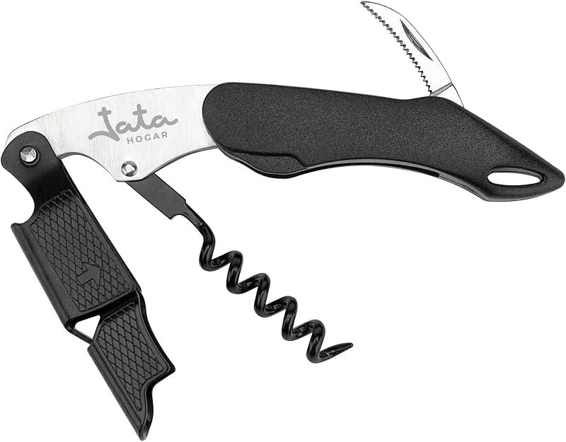 Visita la tienda de Jata Jata HVIN2203 - Abridor de Vino, Sacacorchos con doble palanca con dos impulsos, Aguja espiral reforzada, Incluye navaja cortacápsulas y abridor de tapones, De acero inoxidable, ABS — Vino y mesa festiva