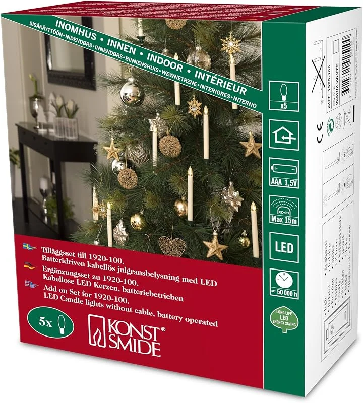 Konstsmide 1925-100 - Luces led para árbol de Navidad (5 velas, 5 diodos de blanco cálido, accesorio para el artículo 1920-100, funciona con 10 pilas AAA de 1, 5 V) — Luces Navidad