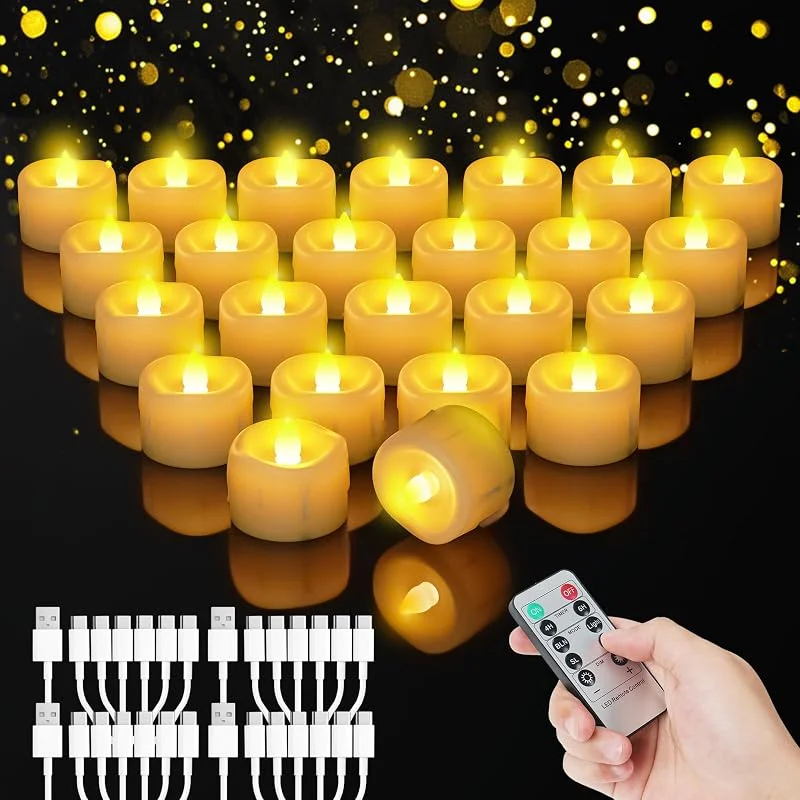Buudala Velas LED Calientaplatos con Función de Temporizador, 6-in-1 Cable de Carga USB-C y Control Remoto, Recargables para Decoración de Halloween, Navidad y Fiestas (LED Cálida - Vela Blanca, 24) — Cena a la luz de velas